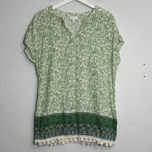 J. Jill Green Cream Vineyard Border Print Tassel Tunic Top Womens Small Gauzy